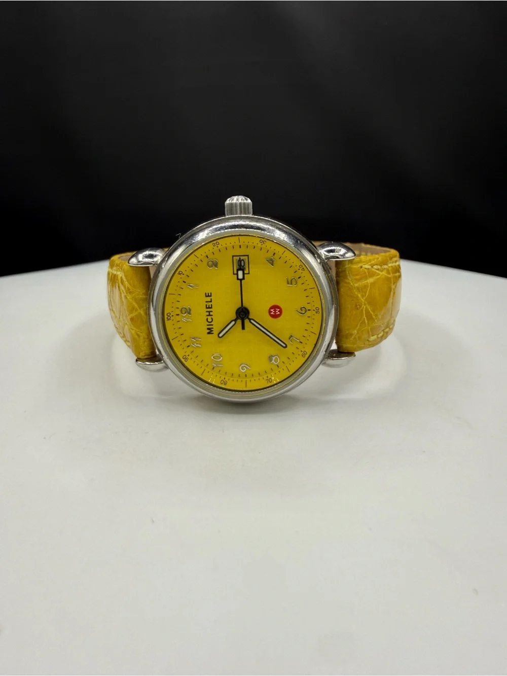 Michele Vintage Yellow Grid Dial Genuine Leather Strap Watch